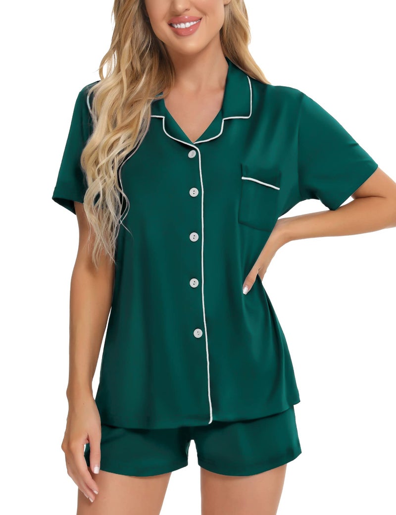 SWOMOG Womens Button Down Pajamas Set Short Sleeve Sleepwear Bride Soft Pj Lounge Sets XS-3XL Green Medium - Image 3